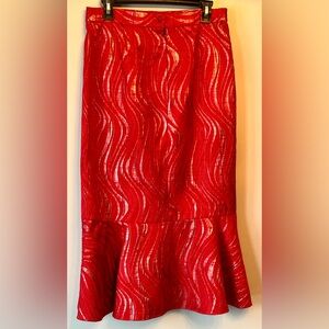 GOSPEL Lined Red Midi Skirt with Ruffle/Metallic Detailing